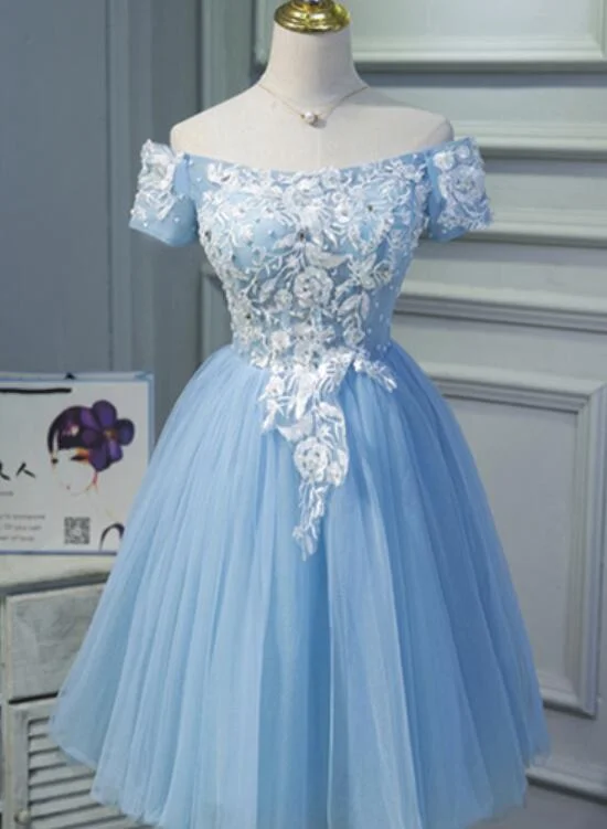 Light Blue Tulle Homecoming Dress,Appliques Graduation Dress , Off Shoulder Party Dress Tunics Practical durable