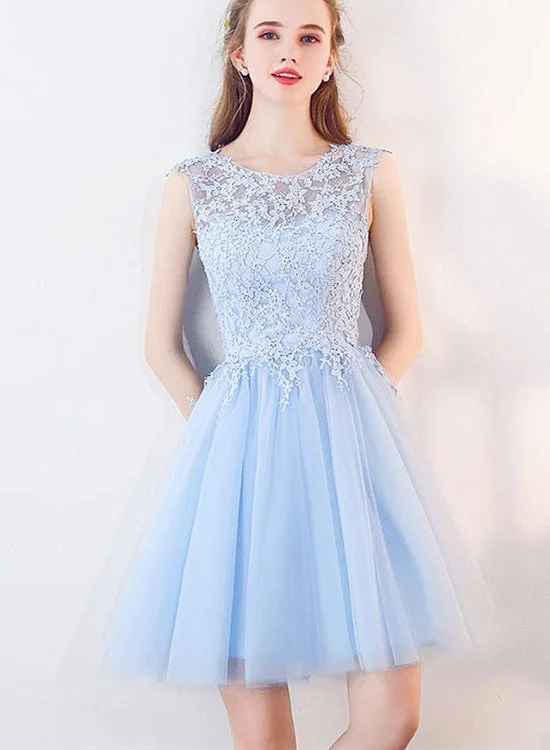 Light Blue Tulle Round Neckline Lace Cute Party Dresses, Short Formal Dress, Graduation Dresses Off-the-shoulder Bohemian Festive