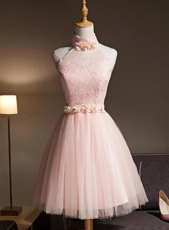 Light Pink Halter Tulle and Lace Lovely Knee Length Formal Dress, Cute Party Dress, Pink Prom Dresses Tunics Winter warm