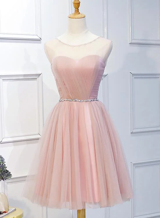 Light Pink O-neckline Beaded Cute Party Dress, Pink Short Formal Dress Tunics Cozy soft