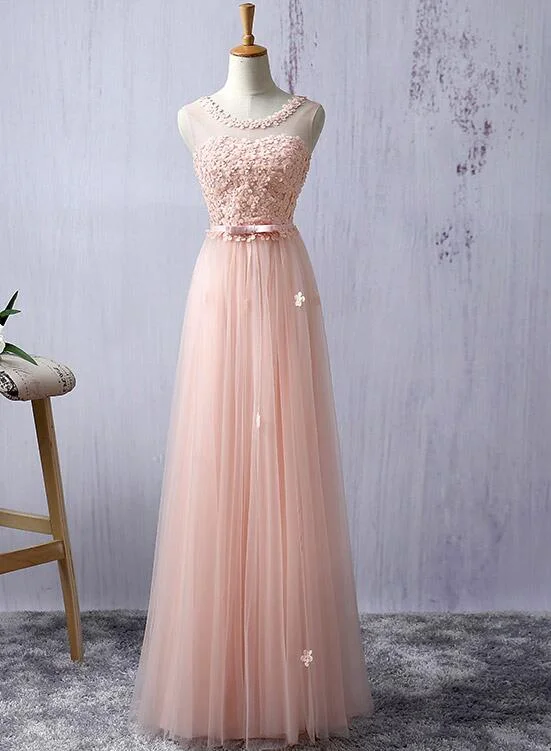 Light Pink Round Neckline Flowers Cute Floor Length Prom Dress, Wedding Party Dress Tunics Occasion special