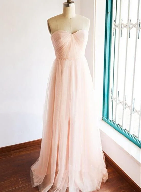 Light Pink Tulle Long Bridesmaid Dresses, Elegant Simple Party Dress, Pink Gown Boatneck Modish Everyday