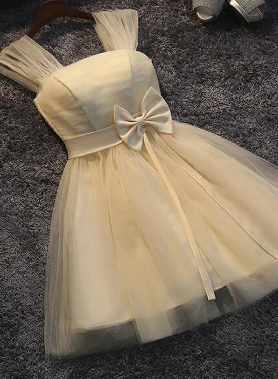 Lovely Champagne Tulle Cute Teen Party Dress with Bow, Straps Tulle Formal Dresses Tunics Velvet soft