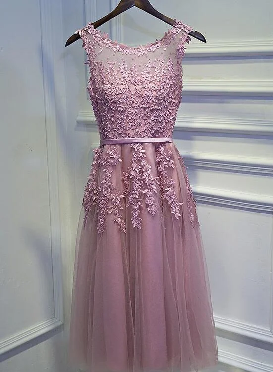 Lovely Dark Pink Beaded and Applique Cute Tea Length Tulle Formal Dress, O-neckline Party Dress Tunics Fall fleece