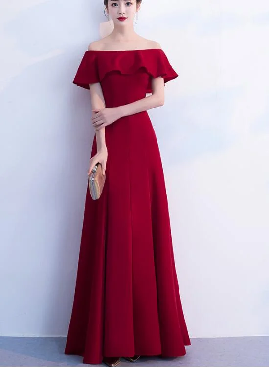 Lovely Dark Red Off Shoulder Floor Length Wedding Party Dress, A-line Prom Dress Tunics Evening elegant