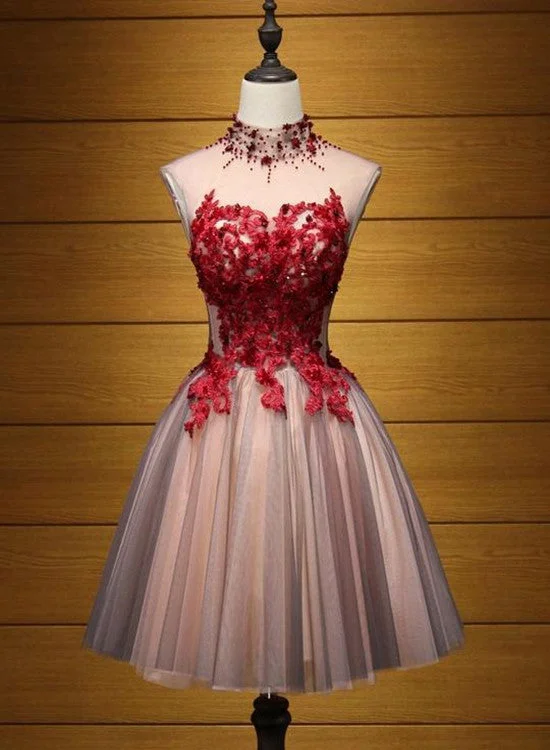 Lovely Halter Beaded and Red Applique Knee Length Formal Dress, Cute Party Dresses, Homecoming Dress Tunics Trendy modern