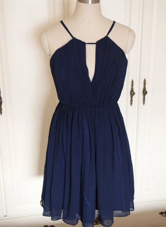 Lovely Navy Blue Chiffon Short Bridesmaid Dress, Cute Party Dress, Blue Wedding Party Dress Tunics Short Trendy