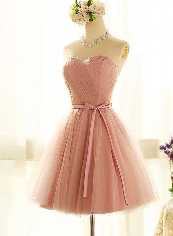 Lovely Sweetheart Short Party Dress, Pink Cute Teen Party Dress with Belt, Wedding Party Dresses Crew Neckline Sporty