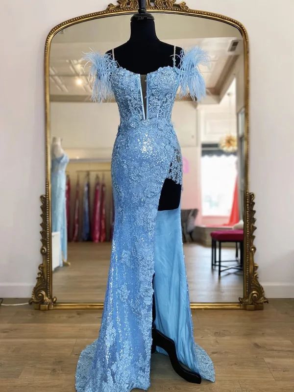 Mermaid Blue Lace Long Prom Dresses,  Lace Blue Mermaid Formal Evening Dresses Tunics Party sparkling