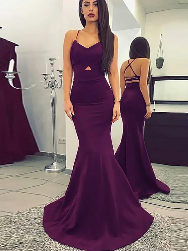 Mermaid Prom Dresses, V Neck Backless Long Evening Dress, Satin Sweep Train Prom Dresses 2019 Tunics Versatile stylish