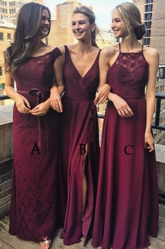 Multi Styles A-Line Floor-Length Maroon Bridesmaid/Prom/Evening Dress with Lace Tunics Ceremony elegant