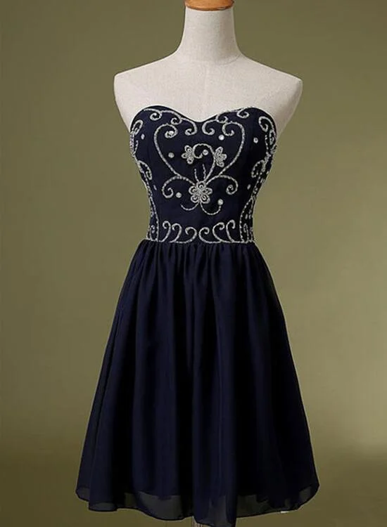 Navy Blue Chiffon Beaded Homecoming Dress, Sweetheart Pretty Party Dress, Formal Dress for Prom Tunics Trendy modern