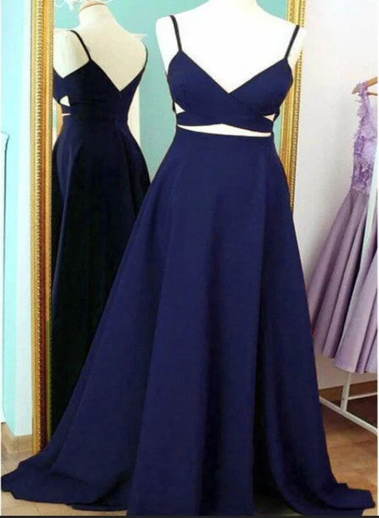 Navy Blue Chiffon Prom Dress , Party Dresses, Straps Formal Dresses Tunics Corduroy durable