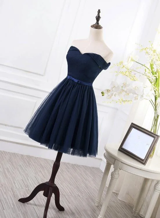 Navy Blue Short Bridesmaid Dress, Summer Wedding Party Dress, Off Shoulder Homecoming Dress Tunics Bridal satin