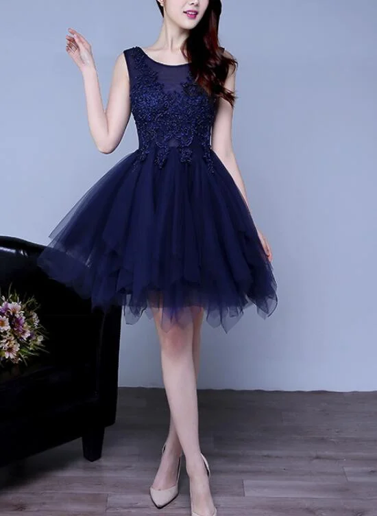 Navy Blue Tulle Fashion Cute Homecoming Dresses, Blue Party Dresses, Formal Dresses Chiffon Maxi Beach