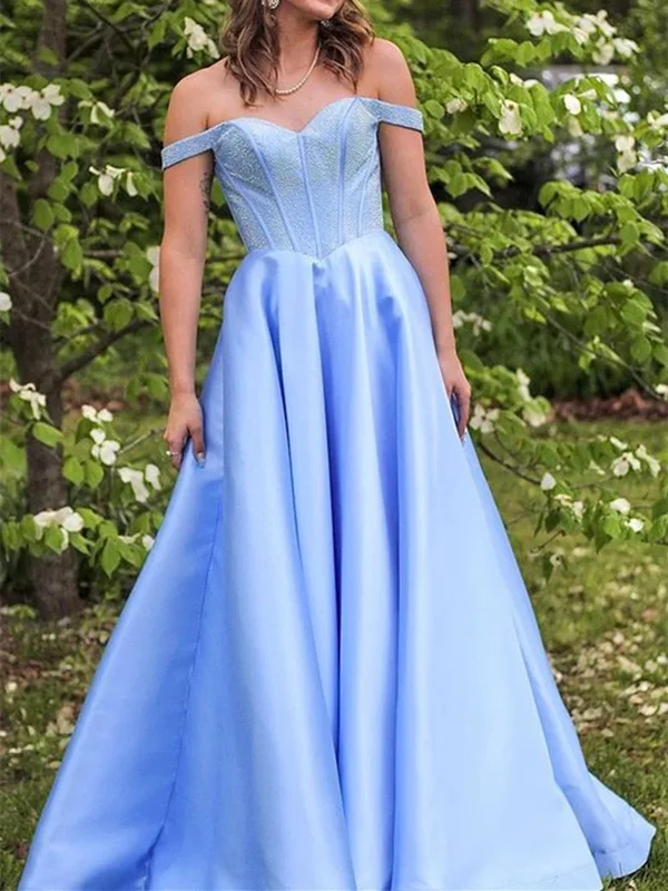 Off Shoulder Light Blue Satin Long Prom Dresses,   Off The Shoulder Satin Light Blue Formal Evening Dresses Tunics Running lightweight