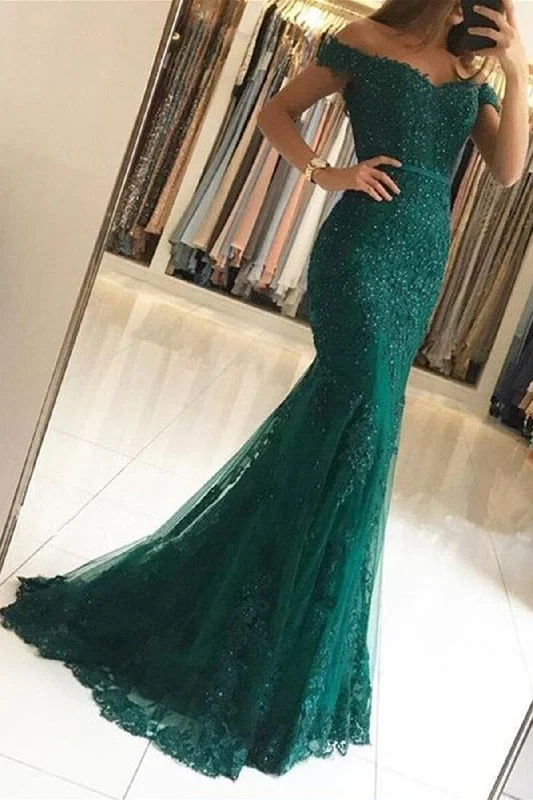 Off Shoulder Mermaid Green Lace Beaded Long Prom Dresses, Green Lace Formal Graduation Bridesmaid Evening Dresses Tunics Cozy comfortable