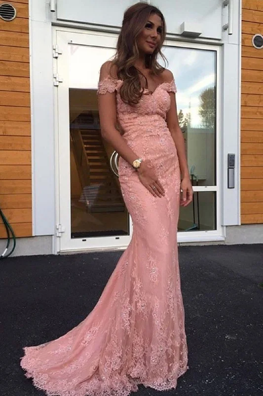 Off Shoulder Pink Lace Long Prom Dresses, Off Shoulder Pink Bridesmaid Dresses, Pink Lace Formal Evening Dresses Tunics Stylish elegant