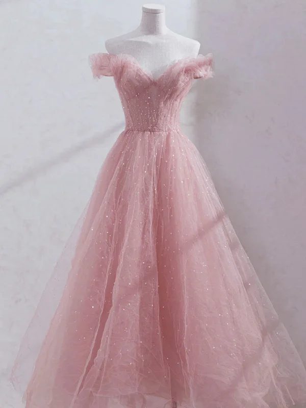 Off Shoulder Sequin Pink Tulle Long Prom Dresses, Pink Off The Shoulder Formal Evening Dresses Satin Halter Glamorous