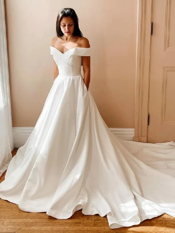 Off the Shoulder White Satin Long Prom Dresses with Train,  White Off Shoulder Formal Evening Dresses Tunics Prom sequined