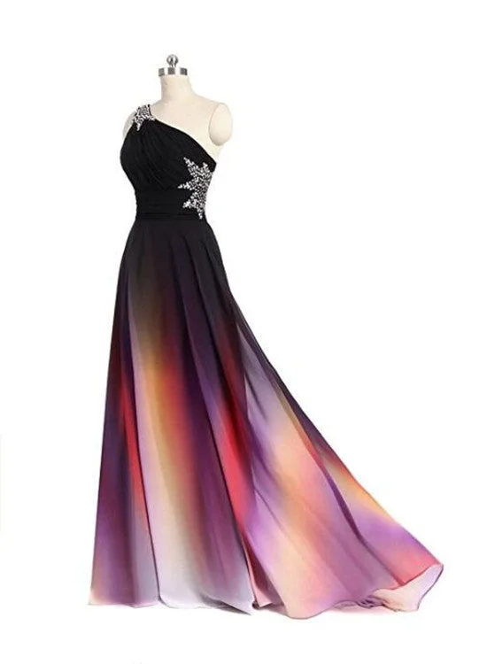 One Shoulder Beaded Gradient Chiffon Long Party Dress, Gradient Formal Gowns Boat Neckline Classic