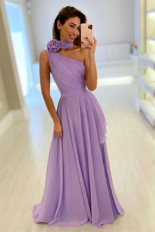 One Shoulder Purple Chiffon Long Prom Dresses, Purple Chiffon Bridesmaid Dresses, Long Purple Formal Evening Dresses Tunics Timeless classic