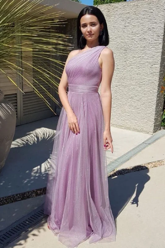 One Shoulder Purple Tulle Long Prom Dresses, One Shoulder Purple Bridesmaid Dresses, Purple Formal Evening Dresses Tunics Chic fashionable