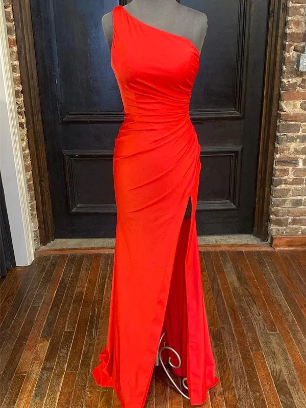 One Shoulder Red /Black Mermaid Long Prom Dresses with High Slit, Red /Black Mermaid Formal Evening Dresses Tunics Winter warm