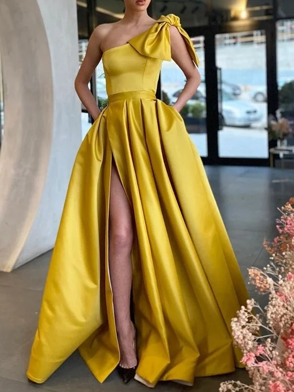 One Shoulder Satin Yellow High Slit Prom Dresses, One Shoulder Formal Dresses, Yellow Graduation Evening Dresses Tunics Corduroy durable