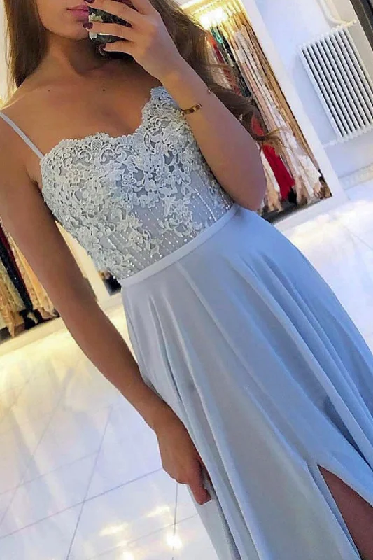 Open Back Blue Chiffon Long Lace Prom Dresses with High Slit, Sweetheart Neck Blue Bridesmaid Dresses, Blue Lace Formal Evening Dresses Tunics Top rated