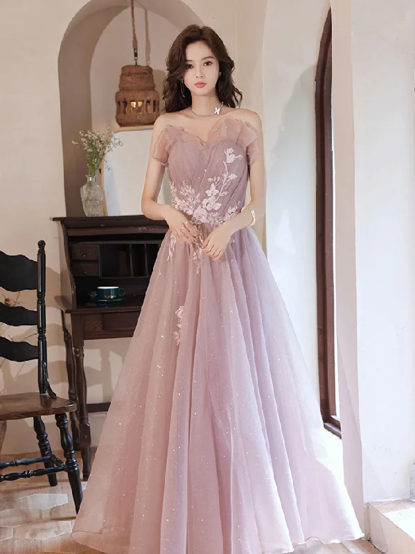 Pink A line Tulle Lace Applique Long Prom Dress, Pink Evening Dresses Tunics Fashionable trendy