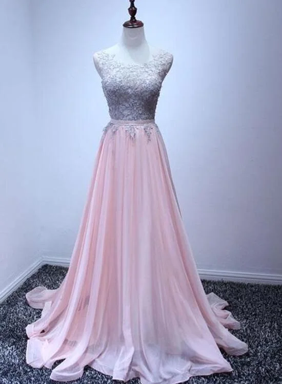 Pink Chiffon Party Dress with Grey Lace Applique, Lovely Pink Party Dresses, Pink Evening Gowns Tunics Plaid country