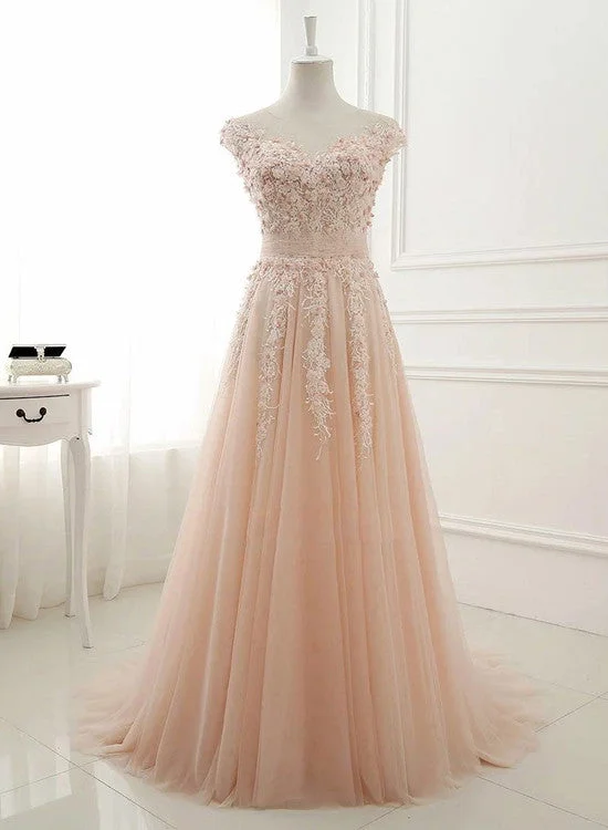 Pink Lace and Tulle Elegant A-line Floor Length Wedding Party Dress, Soft Pink Party Dress, Formal Dresses Tunics Luxurious high-end