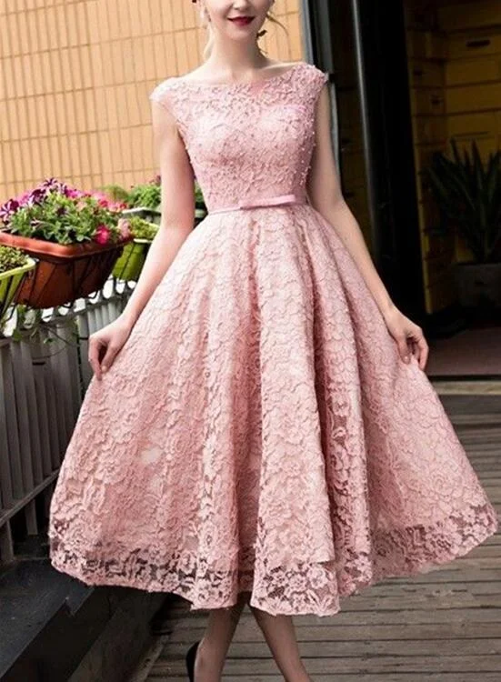 Pink Lace Tea Length Formal Dress, Beautiful Pink Prom Dresses, Lovely Party Dresses Crew Neckline Sporty