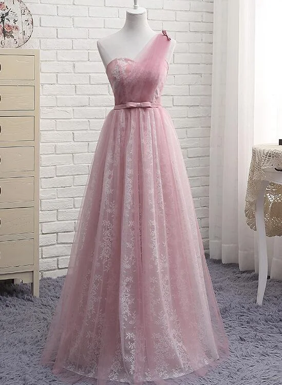 Pink One Shoulder Lace Elegant Bridesmaid Dress, Pink Bridesmaid Dress, Party Dress Tunics Versatile functional