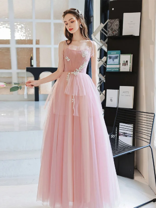 Pink Tulle A line Long Prom Dress, Pink Tulle Evening Dresses Tunics Distressed trendy