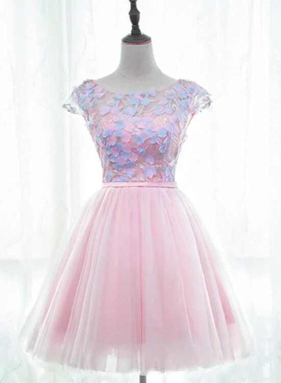 Pink Tulle Cute Girls Party Dresses, Lovely Short Round Neckline with Flowers Party Dresses Lace Sexy Club