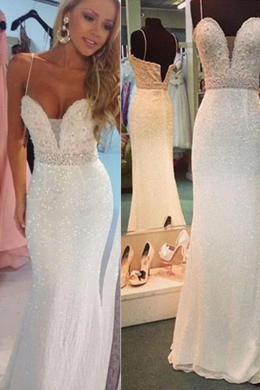 Precious Marvelous Attractive Sexy White Beaded Spaghetti Straps Mermaid Evening Party Dresses Sparkly Prom Gown Bodycon Fitted Nightout