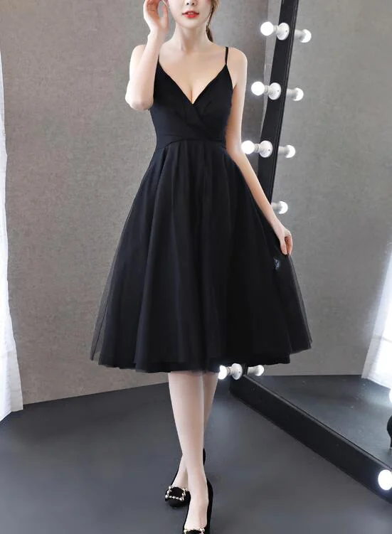 Pretty Chiffon and Tulle V-neckline Straps Knee Length Black Party Dress, Sexy Little Black Formal Dresses Tunics Wedding white