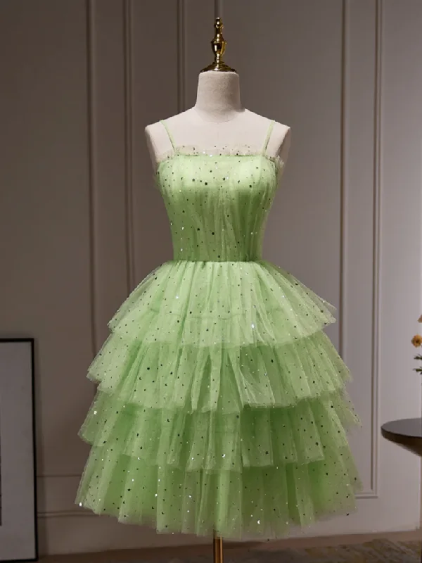 Princess Layered Green Short Tulle Prom Dresses with Sequins, Short Green Formal Graduation Evening Dresses ，Layered Green Homecoming Dresses Tunics Fleece cozy