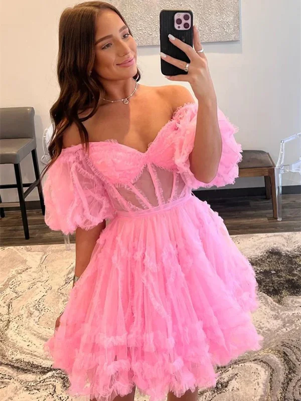 Princess Off  Shoulder Pink Short Prom Dresses, Short Off The Shoulder Pink Homecoming  Formal Evening Dresses Tunics Top Casual