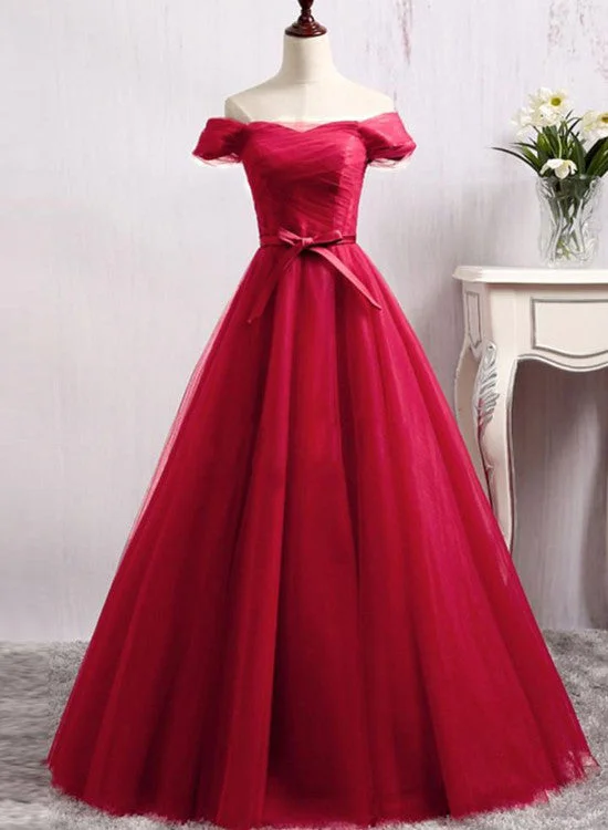 Red Floor Length Prom Gowns, Red Party Dresses, Red Tulle Party Dresses Boat Neckline Classic