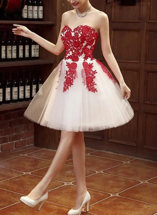 Red Lace Applique Beautiful Graduation Party Dress, Lovely Short Formal Dress, Cute Party Dress Mermaid Tail Wedding