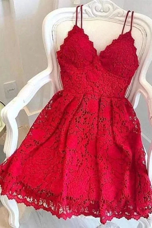 Red Spaghetti Straps Homecoming Gown Mini Lace A Line Party Dress Boatneck Modish Everyday