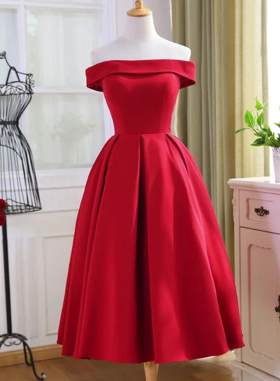 Red Tea Length Vintage Style Wedding Party Dress, Off Shoulder Formal Dress, Red Party Dress Tunics Party sparkling