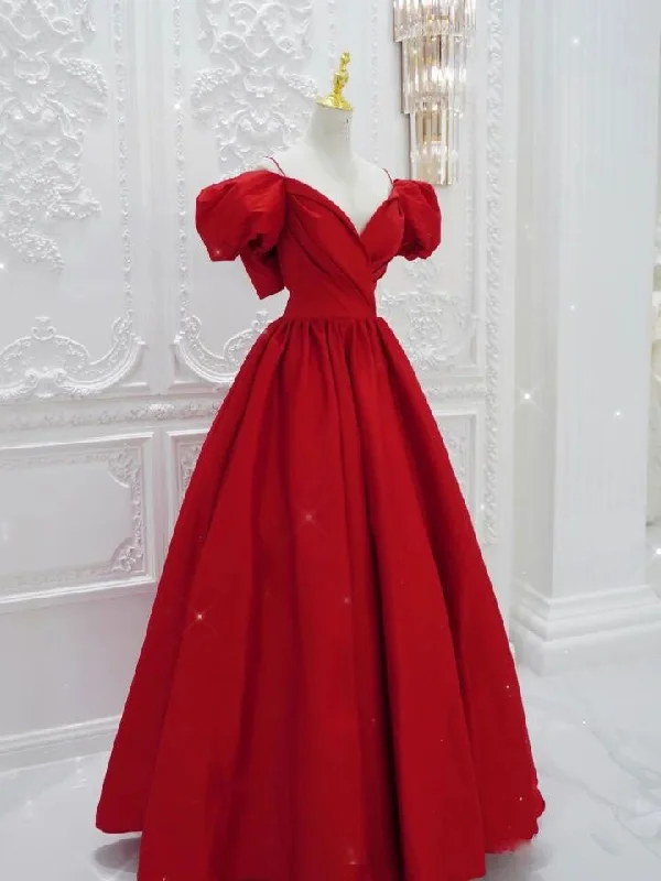 Red V Neck Satin Long Prom Dress, Red Formal Evening Dresses Tunics Custom made