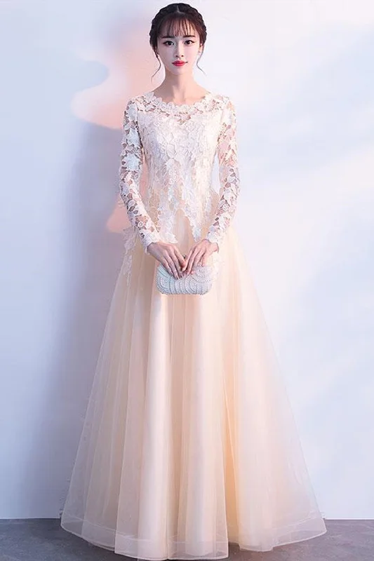 Round Neck Long Sleeves Champagne Lace Long Prom Dresses, Champagne Lace Formal Graduation Evening Dresses, Champagne Bridesmaid Dresses Glittery Long Formal