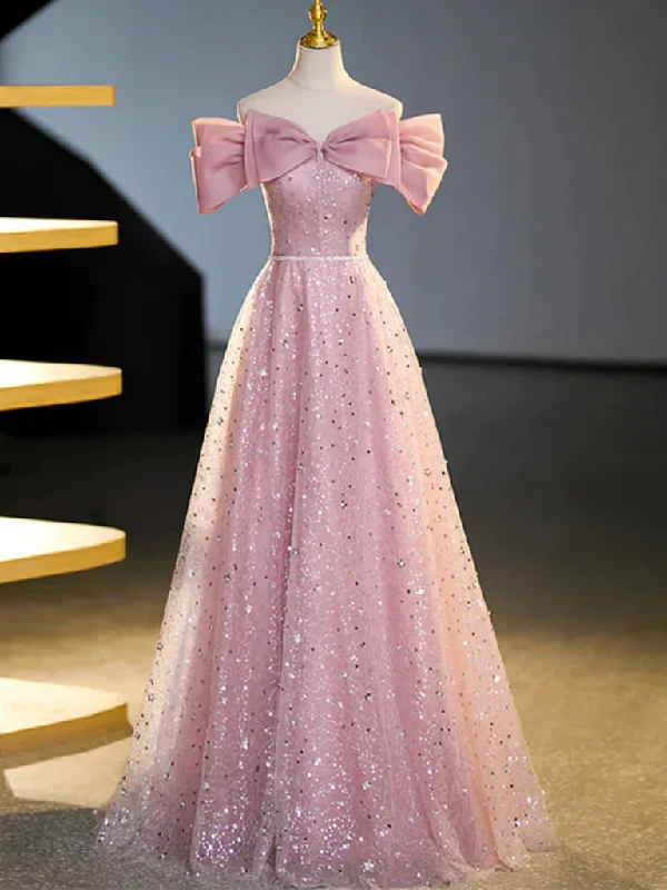 Sequins Pink Off the Shoulder Long Prom Dresses，Off  Shoulder Pink Formal Graduation Evening Dresses Tunics Stylish modern