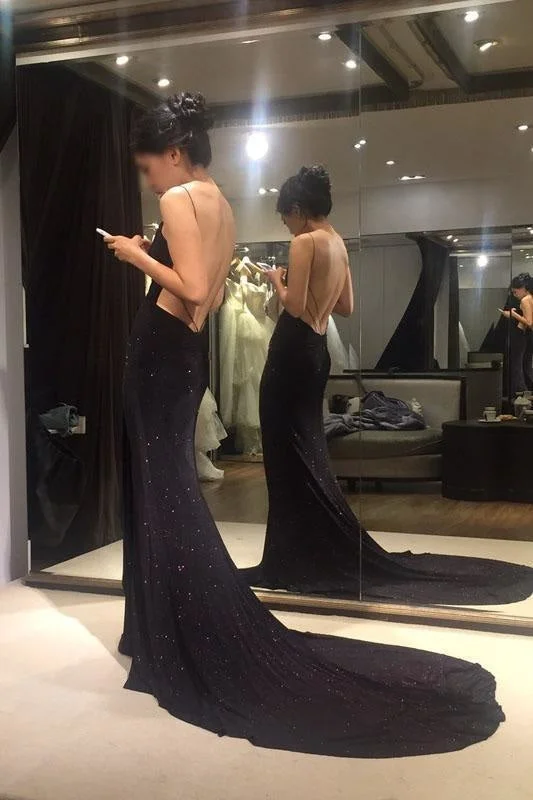 Sexy Column Spaghetti Straps Backless V-neck Sweep Train Prom Evening Dress Tunics Sale discount