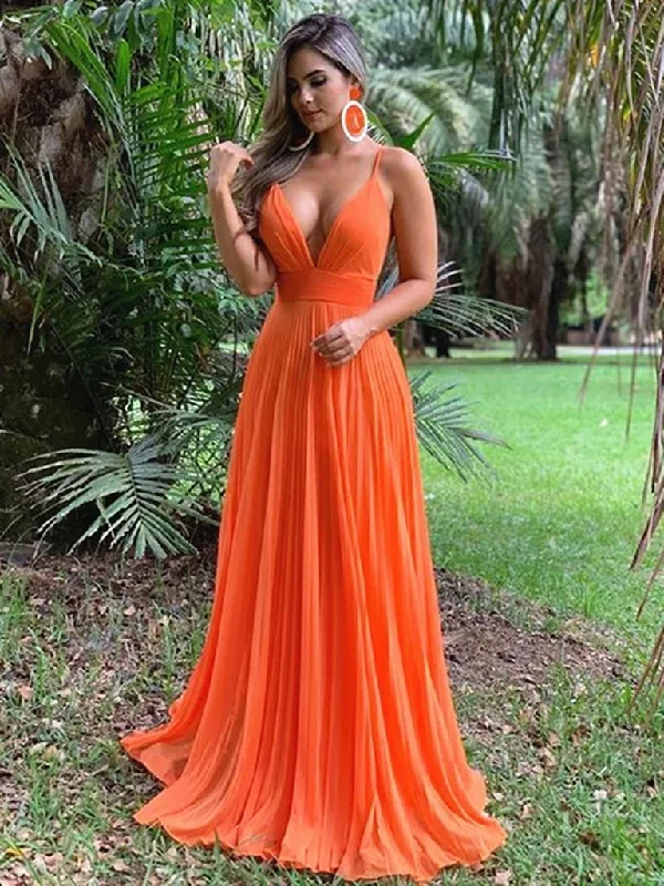 Sexy Deep V Neck Orange Chiffon Open Back  Prom Dresses, Backless Orange Formal Evening Dresses Tunics Print Colorful